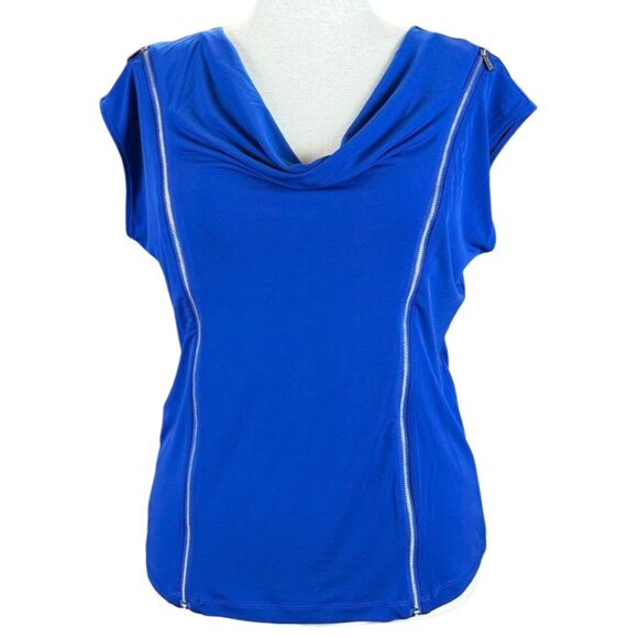 CALVIN KLEIN ROYAL BLUE COWL NECK ZIPPER TOP, SIZE L - Picture 1 of 4